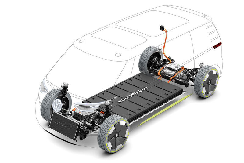 Die Akkus der Elektroantriebe sind unter dem Fahrzeugboden montiert. Bei einer Ladeleistung von 150 kW sollen sie nach einer halben Stunde zu etwa 80 Prozent geladen sein. (Volkswagen)