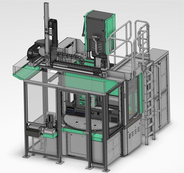 Das zweite Highlight am Lauffer-Stand zur K 2019 ist diese Fertigungszelle, die unter dem Stichwort „Kompakte Automation“ präsentiert wird. Maschine und Peripherie bräuchten nur vergleichsweise wenig Platz, denn alle Komponenten habe Lauffer möglichst raumsparend konzipiert. Die smarte Selogica-Steuerung erlaubt dabei die Einbindung in übergeordnete QS- und MES-Systeme und damit ein Arbeiten nach den Standards von Industrie 4.0, betont das Unternehmen. (Lauffer)