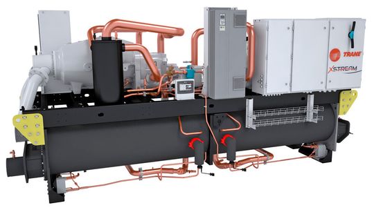 Die Wärmepumpe „Xstream RTWF-HT“ kann Abwärme auch 105 Grad Celsius bei Heizleistungen bis 1.500 Kilowatt aufheizen.(Bild:  Trane Technologies)
