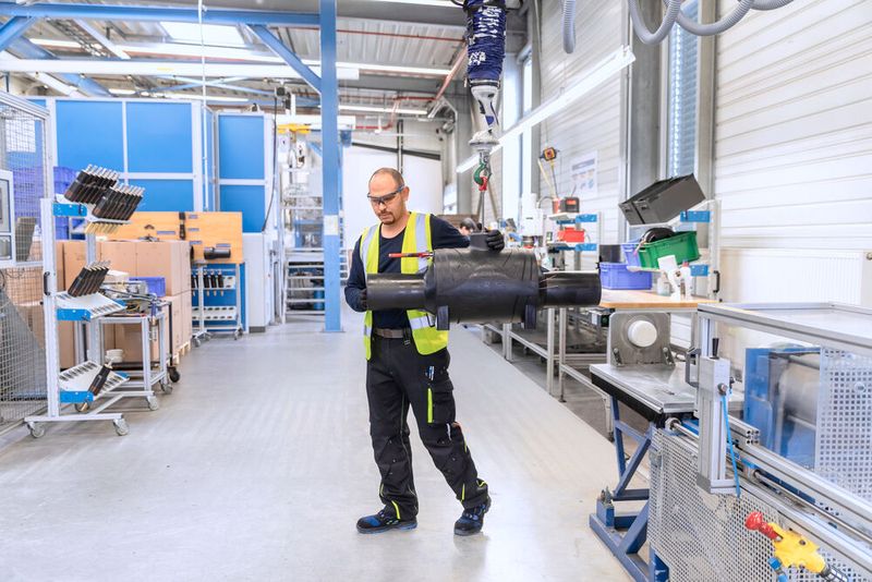 Der Schmalz-Jumboflex 50 erleichtert das Heben der bis zu 40 Kilogramm schweren Frialoc-Absperrarmatur vom Montagetisch in die Schweißvorrichtung. (Bild: M. Wagenhan)