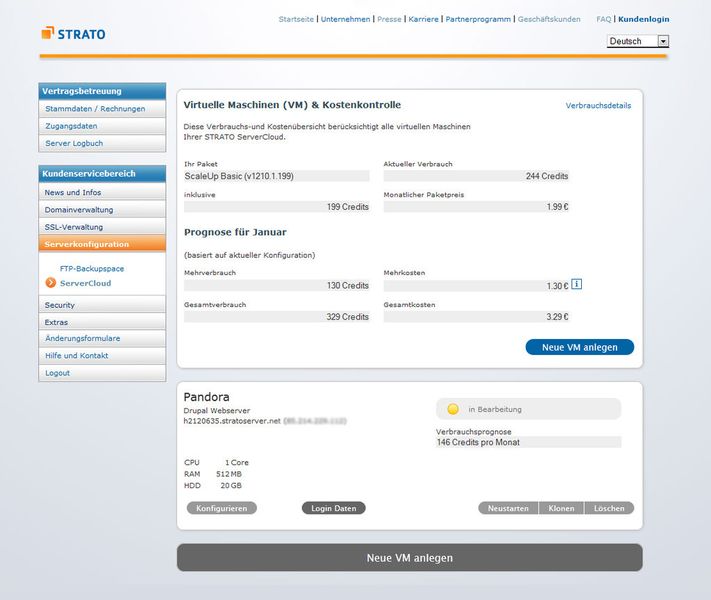 Konfiguration über eine Web-Oberflkäche: Unter „Serverkonfiguration“ können neue virtuelle Server angelegt werden. Angelegte Server werden übersichtlich aufgelistet und in der Verbrauchs- und Kostenübersicht erfasst. (Bild: Strato AG)