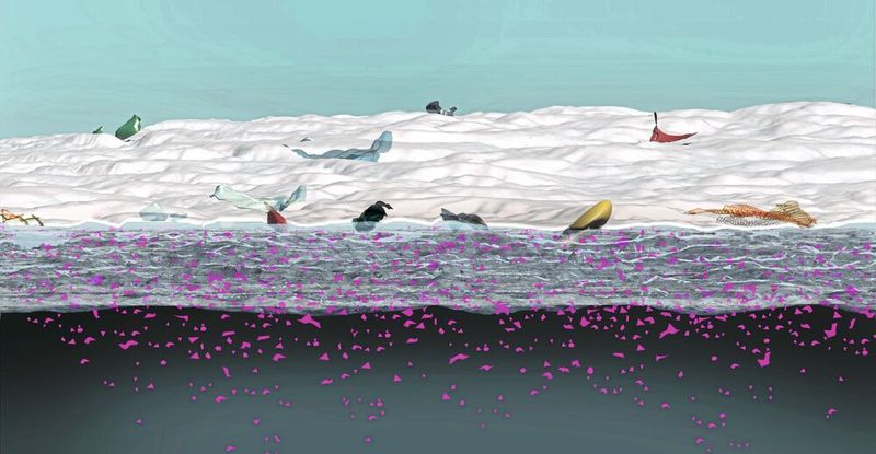 Detailzeichnung aus der AWI-Infografik: Wie gelangt der Müll ins Meer? HIer: Meereis als Mikroplastik-Senke. Es bindet die Partikel, solange das Eis gefroren ist. (Bild: Alfred-Wegener-Institut / Martin Künsting (CC-BY 4.0))