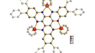 Die Struktur des untersuchten Moleküls (Titan in rot dargestellt, Stickstoff in blau, Kohlenstoff in grau). Der Grundkörper des Moleküls ist hervorgehoben, die Wasserstoffatome zur Vereinfachung hingegen ausgeblendet. (Rüdiger Beckhaus / Universität Oldenburg)