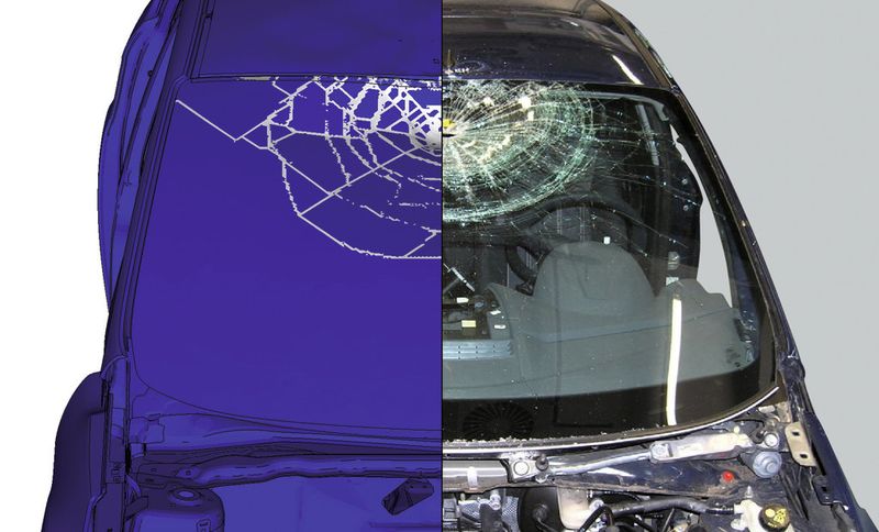 Simulation und realer Test: Seit 2011 ist das FLD-Simulationsmodell bei Ford als Verbundglasmodellierung im Einsatz. 2013 hat Tecosim begonnen, die Extended-Finite-Element-Methode zu integrieren. (Bild: Tecosim)