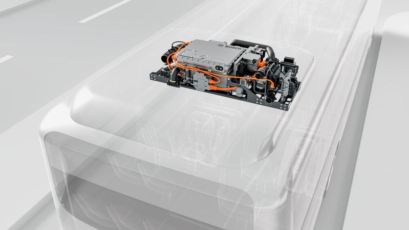 Mit einer Höhe von 40 cm lässt sich das Brennstoffzellensystem FCPM C100 einfach auf dem Dach von Stadtbussen montieren.(Bild:  Bosch)