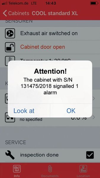 Fig.4: As soon as a cabinet has a malfunction, an alarm message appears on the screen — optionally also with an acoustic signal. (Düperthal)
