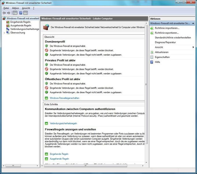 Die Konfiguration der Firewall unterscheidet nach drei Einträge Profilen (Domänen Profile, Private Profile und einem öffentliches Profil). (Archiv: Vogel Business Media)