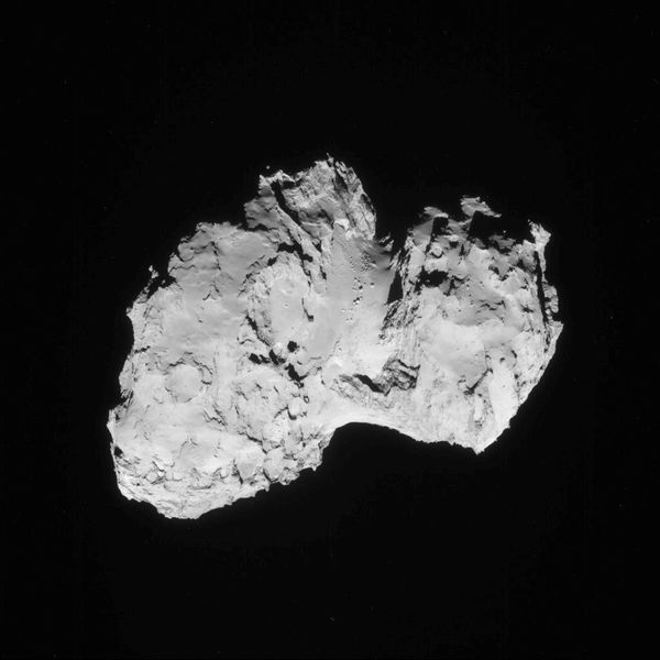 Dieses Bild des Kometen 67P/Churyumov-Gerasimenko wurde am 19. August 2014 von der Navigationskamera an Bord der Raumsonde Rosetta aus etwa 79 km Entfernung zum Kometen aufgenommen. (Bild: ESA)