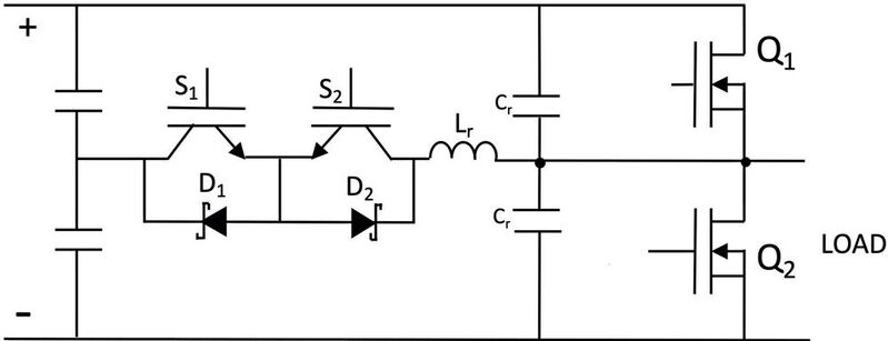 Bild 2: ARCP (Auxiliary Resonant Commutated Pole) ist eine konventionelle Wechselrichter-Topologie mit einer Hilfsschaltung, die den Hauptwechselrichter sanft schaltet.