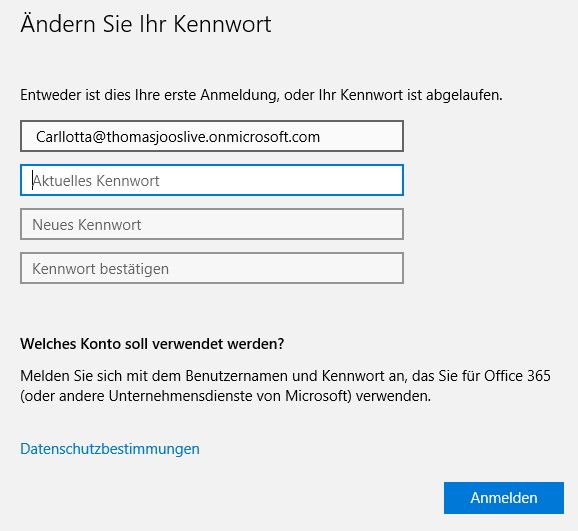 Beim Anlegen von Benutzern erhalten Administratoren in Microsoft Azure ein Einmalkennwort. Dieses kann der Anwender dazu nutzen, sich an Azure Active Directory anzumelden. Im Rahmen der Anmeldung muss der Anwender aber sein Kennwort ändern. Der entsprechende Assistent dazu wird von Windows 10 eingeblendet. Administratoren können in der Weboberfläche jederzeit das Kennwort ändern. (Bild: Thomas Joos)