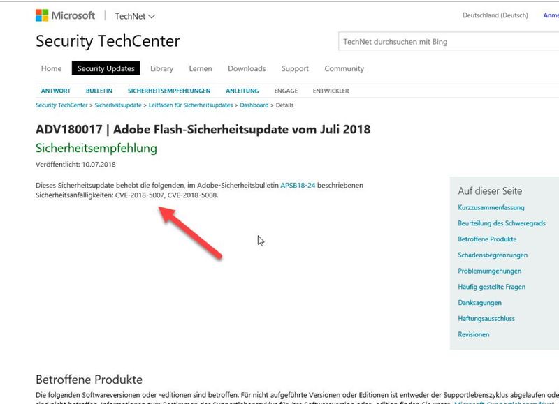 MBSA – In der Info des „Security Tech Center“ findet man auch die relevanten CVE-IDs. (Dombach)