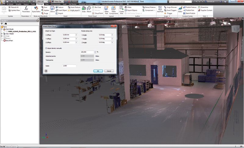 Bild 2: In der Punktwolke einer Fabrikhalle wurde auch die Farbe der Umgebung erfasst. (Bild: Autodesk)