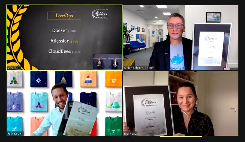 Der dritte Dev-Insider Readers' Choice Award wurde in der Evergreen-Kategorie DevOps vergeben, hier ließen Docker (Platin) vertreten durch Stefan Scherer, Atlassian (Gold) mit Felix Kugler sowie CloudBees (Silber), repräsentiert von Eva Franz, die Konkurrenz hinter sich. (Bild: Vogel IT-Medien)