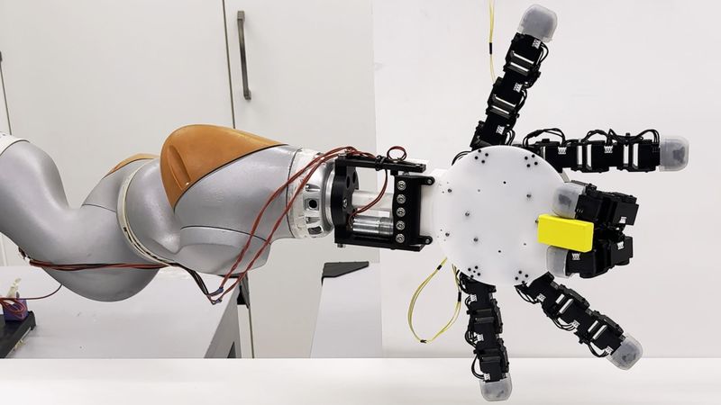 Die Roboterhand kann bis zu sechs identische Finger mit Silikonspitzen aufnehmen und behebt so die menschliche Asymmetrie, indem jede beliebige Fingerkombination opponierende Paare für einen daumenähnlichen Pinch‑Griff bilden kann.(Bild:  EPFL)