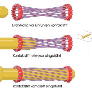 360°-Kontaktierung:  Hyperbolisch angeordnete Kontaktdrähte in den Buchsen legen sich linienförmig am Stift an.