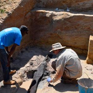 The excavation team uncovering the wooden structure(Source:  Professor Larry Barham, University of Liverpool)