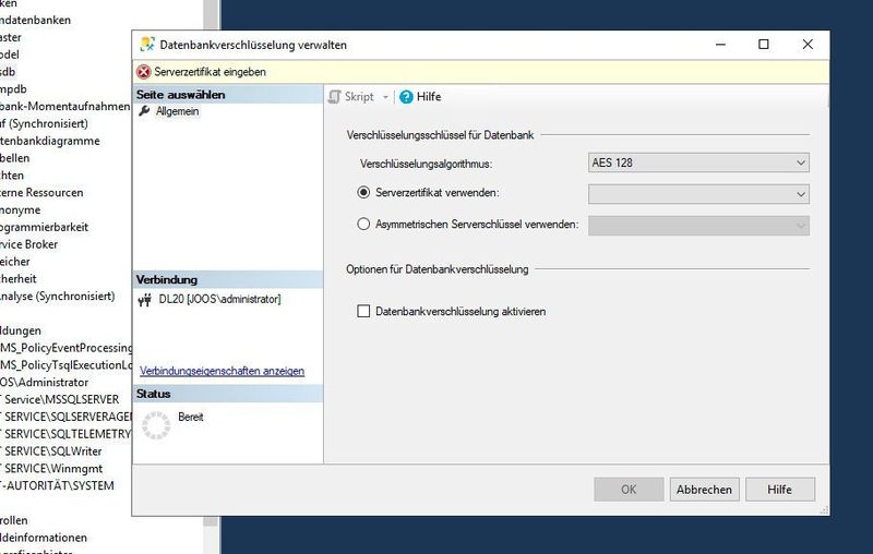 Konfigurieren der Datenbankverschlüsselung im SQL Server Management Studio. (Joos)