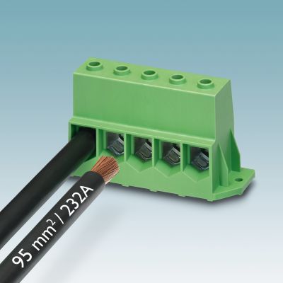 Mit einer Stromtragfähigkeit von bis zu 232 A ist die neu entwickelte Leiterplattenklemme MKDSP 95 die leistungsfähigste wellenlötfähige Leiterplattenklemme am Markt. (Bild: Phoenix Contact)