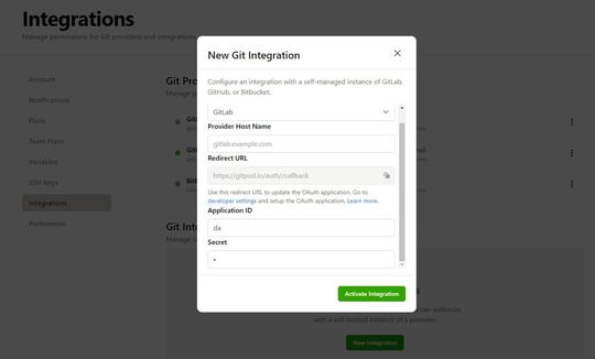 Über den Menüpunkt „Integrations“ lassen sich Repositories aus GitHub, Gitlab und Bitbucket an Gitpod anbinden.(Bild:  Joos / Gitpod)
