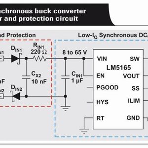 Bild 3: Synchroner Buck-Wandler mit geringer Ruhestromaufnahme, ausgestattet mit Eingangsfilter und Schutzschaltung. (Bild:  Bild: Texas Instruments)