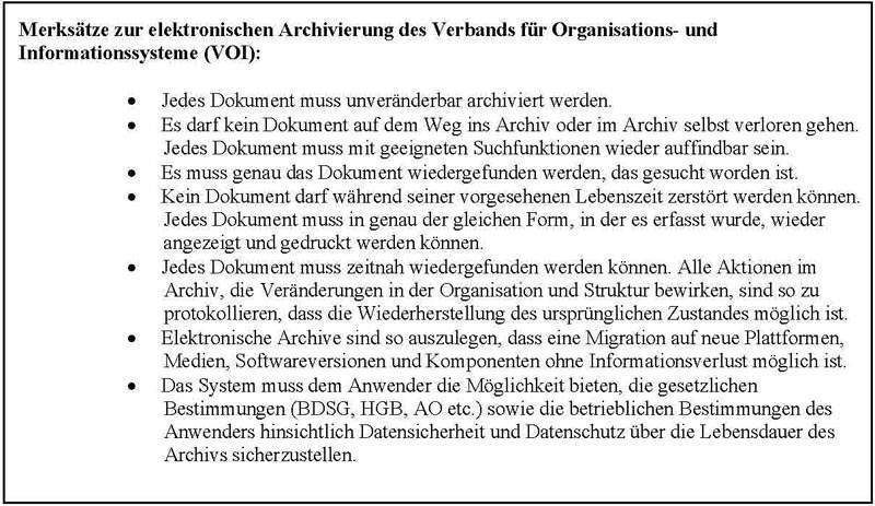 Merksätze des Verbandes Organisations- und Informationssysteme e. V. (VOI) zur Archivierung (Archiv: Vogel Business Media)