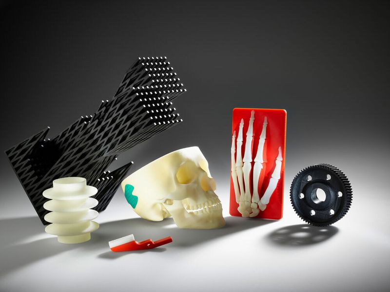 Die Einsatzmöglichkeiten des Freeformers fürs Arburg-Kunststoff-Freiformen (AKF) sind enorm, wie zahlreiche Funktionsbauteile aus qualifizierten Originalmaterialienauf der Messe zeigen. Auf dem Freeformer additiv gefertigt werden zum Beispiel Implantate wie Schädel-, Wangen- oder Fingerknochen aus medizinischem PLLA, das sich nach vorgegebener Zeit im Körper auflöst, sowie Sägeschablonen aus PA, die als individualisierte Operationshilfen zum Einsatz kommen. (Arburg)