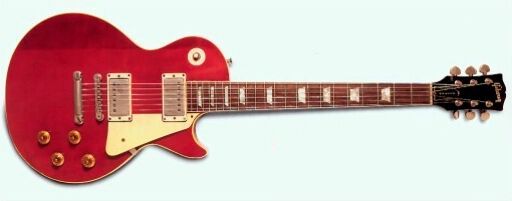 This image shows a red Les Paul E-guitar, which is one of the most famous electric guitars in the world. It was named "Lucy" by George Harrison of the Beatles, who received the guitar from Eric Clapton in August 1968. (Source:  George's red Les Paul, Lucy, given to him by Eric Clapton- 2013-07-13 20-56 /User:Sbpawlguitr5 / CC BY 2.0)
