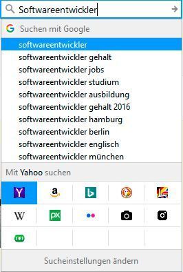 Hat man alle Bilddatenbanken hinterlegt, sieht der Suchschlitz so oder so ähnlich aus. Wer die vordefinierten Standard-Suchen von Firefox nicht benötigt, kann nun über den Button „Sucheinstellungen ändern“ weitere Anpassungen vornehmen. (VIT / Firefox)