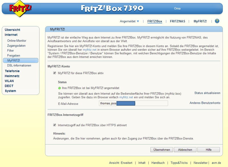 Abb. 2: In der Weboberfläche der Fritz!Box können Anwender die Verbindung zum MyFritz!-Dienst aktivieren. (Bild: AVM)