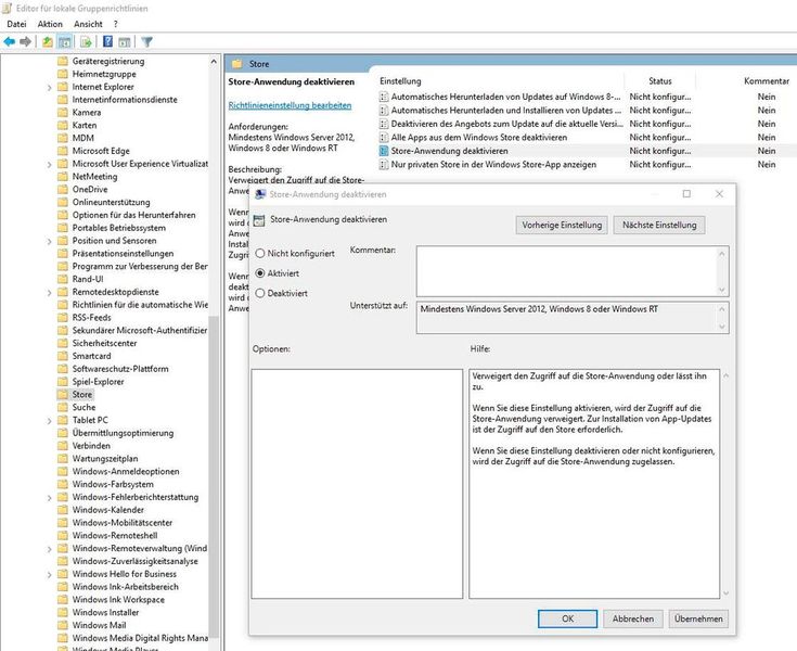 Tipp 21: Die entsprechenden Einstellungen zur Deaktivierung des Store in Windows 10 Enterprise sind in den Gruppenrichtlinien über die folgenden Wege zu finden: Computer Configuration / Administrative Templates / Windows Components / Store / Turn off the Store application und User Configuration / Administrative Templates / Windows Components / Store / Turn off the Store. (Bild: Th. Joos)