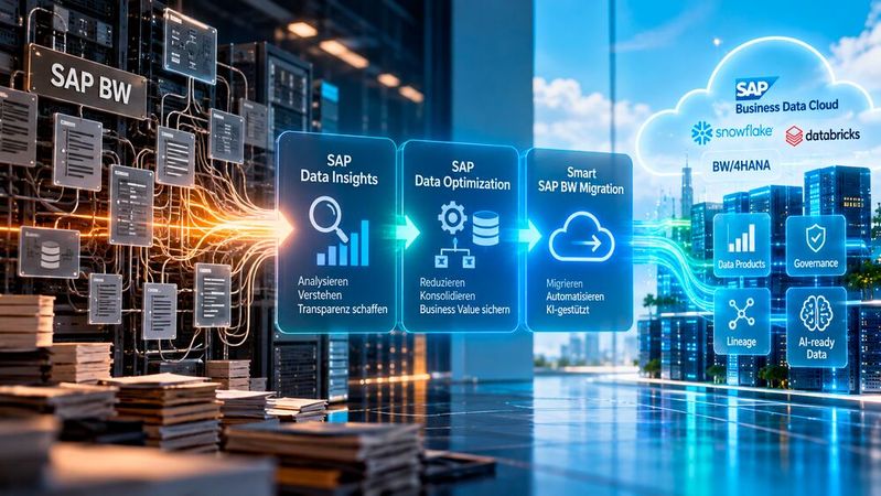 Mit drei neuen Lösungen will One Data die Modernisierung bestehender SAP-BW-Landschaften vereinfachen. KI-gestützte Verfahren sollen dabei helfen, unnötige Datenstrukturen abzubauen und Geschäftslogik auf moderne Cloud-Plattformen zu übertragen.(Bild:  ChatGPT / KI-generiert)