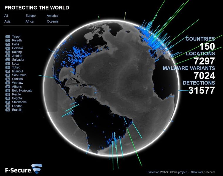 Die neueste Visualisierung aus den F-Secure Labs ist ein 3D-Blick auf die Erde und alle Malware-Erkennungen der letzten 24 Stunden auf Basis von F-Secure Daten. (Bild: F-Secure)