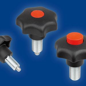 Der Arretier- und Spanngriff von Kipp ist in einer Ausführung mit Signalknopf erhältlich – er zeigt an, wenn die Verbindung mittels des Arretierstifts nicht vollständig verriegelt ist.(Bild:  Heinrich Kipp Werk)