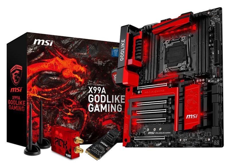 Üppige Ausstattung: MSIs X99A Godlike Gaming mit Killer-WLAN und einer Host-Karte für superschnelle PCIe-SSDs. (Bild: MSI)