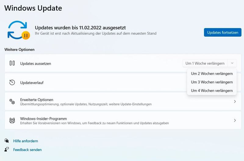 Pausieren der Update-Installation in Windows 11. (Joos)