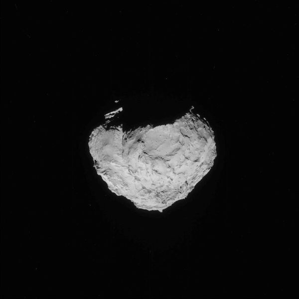 Dieses Bild des Kometen 67P/Churyumov-Gerasimenko wurde am 14. August 2014 von der Navigationskamera an Bord der Raumsonde Rosetta aus etwa 100 km Entfernung zum Kometen aufgenommen. (Bild: ESA)