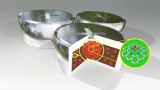 Bick ins Detail: Der poröse Katalysator (rote Kugeln) beherbergt auf seiner Oberfläche dichte, katalytisch aktive Zirkoniumstellen (im gelben Kreis dargestellt) und verbessert so die chemischen Reaktionen der Batterie, die mit der Energiespeicherung verbunden sind. (Bild: HZDR/Bernd Schröder, Minghao Yu)