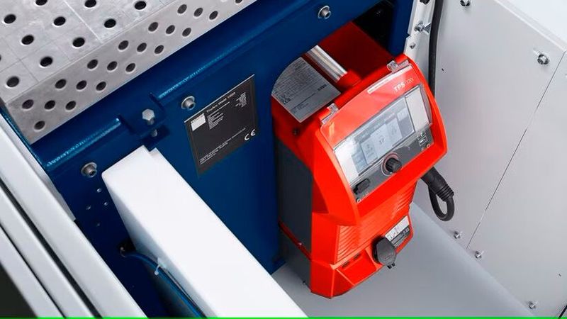 Blick auf das bei der Truarc Weld 1000 integrierte Hochleistungsequipment von Fronius. Es handelt sich um eine Schweißquelle des Typs TPS 320i C Pulse inklusive Welding Package PMC. Geschweißt wird mit dem Fronius-Brenner 350 A, der als besonders schlank gilt. (Bild: Trumpf)