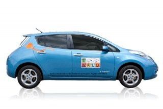 Fahrzeug Nissan Leaf, Reichweite 150 km, Leistung 80kW (109PS), Höchstgeschwindigkeit 145 km/h. (E-Wald)