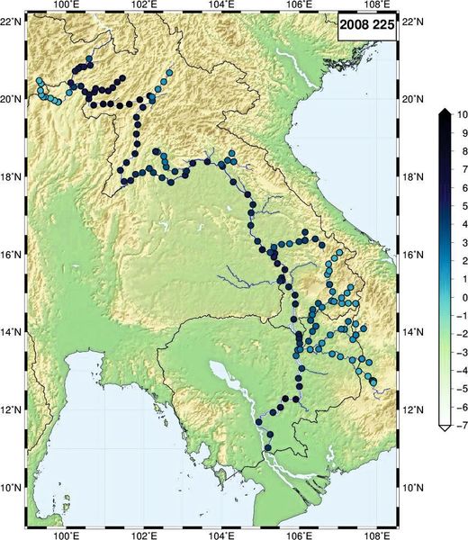 Karte mit Wasserständen im Flusssystem des Mekong  (DGFI-TUM)