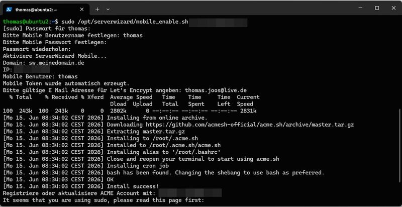 Über das Skript mobile_enable.sh richtet der Administrator den geschützten mobilen Zugang samt Benutzername, Passwort und Let's-Encrypt-Zertifikat ein. (Bild: Joos - Canonical - BeforeSunrise)
