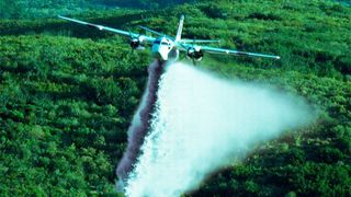 Mit solchen Flugzeugen, die einen Wald besprühen, könnte Gesteinsmehl in Ökosysteme eingebracht werden, um dadurch Kohlenstoffdioxid aus der Luft zu binden. (airplan_spraying / Thomas Hays / CC BY 2.0)