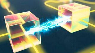 At the heart of the experiment performed by the Barz group is a two-stage interferometer in which the quantum state of an entangled photon pair is determined.  (Source: Jon Heras, Cambridge Illustrators)