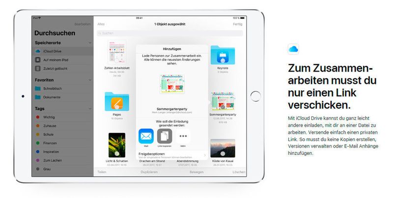 Keine Kopien, keine Versionen, keine E-Mail-Anhänge:, sondern einfache Kollaboration: Die Datenfreigabe in iCloud Drive funktioniert über private Freigabe-Links. (Apple (screenshot https://www.apple.com/de/icloud/))