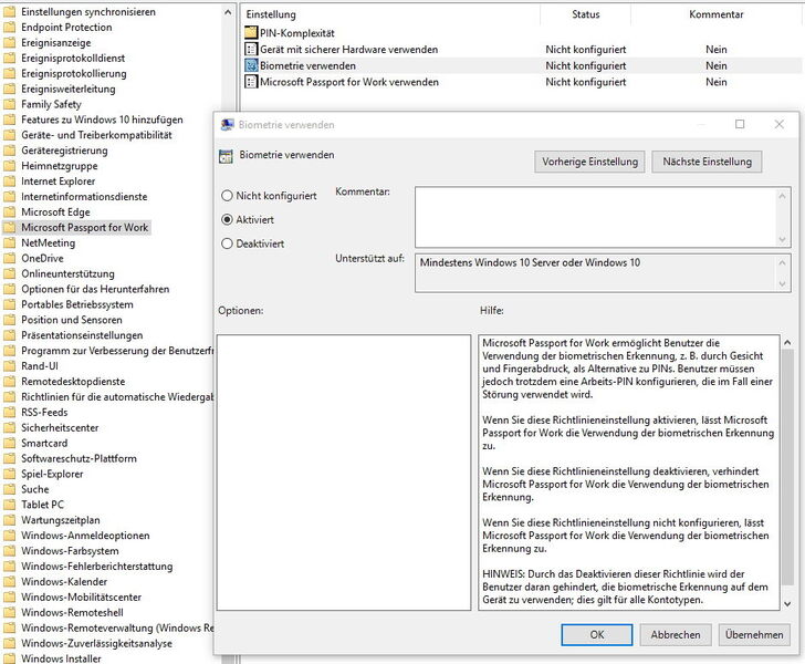 Die neuen „Windows Hello“-Anmeldefunktionen und die Anbindung an Microsoft Azure Active Directory sowie Biometriefunktionen steuern Administratoren ebenfalls über Gruppenrichtlinien. Die Einstellungen finden sich über „Computerkonfiguration\Richtlinien\Administrative Vorlagen\Windows-Komponenten“ in den Unterkategorien „~\Microsoft Passport for Work“  und „~\Biometrie“. (Bild: Thomas Joos)