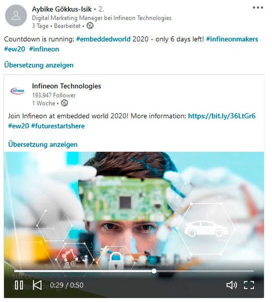 LinkedIn-Post von Infineon sechs Tage vor der Embedded World. Am Freitag den 21.02. gegen mittag erfolgte dann die offizielle Absage der Münchner. (Bild: LinkedIn)