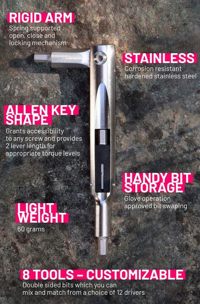 Das neue Multitool-Konzept von Daysaver kommt mit konfigurierbaren Bits und verschiedenen Mitnahme-Optionen. Der schmale Formfaktor soll es ermöglichen, das Multitool in den verschiedenen Hohlräumen des Fahrrads zu verstauen oder platzsparend mitzunehmen. Neben dem Multitool bietet die Incredible-Linie ein weiteres Werkzeug für Tubeless-Fahrer mit integriertem Chainbreaker. (Bild: Daysaver)