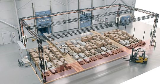 Seilroboter für die Palettierung nach der Containerentladung. Das System bedient viele Zielpalettenplätze und ermöglicht die Palettierung und Sortierung in einem Arbeitsschritt.(Bild:  Red Cable Robots)