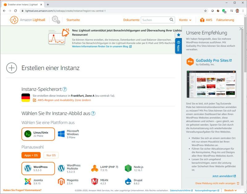 Vorkonfigurierte Abbilder erlauben unter AWS Lightsail die automatisierte Zusammenstellung des benötigten Solution Stack.