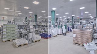 Vorher-nachher-Beispiel aus der Produktion von Kräuterhaus Wild in Grettstatt: die Lichtqualität vor und nach der Sanierung.
 (Bild: Regiolux)